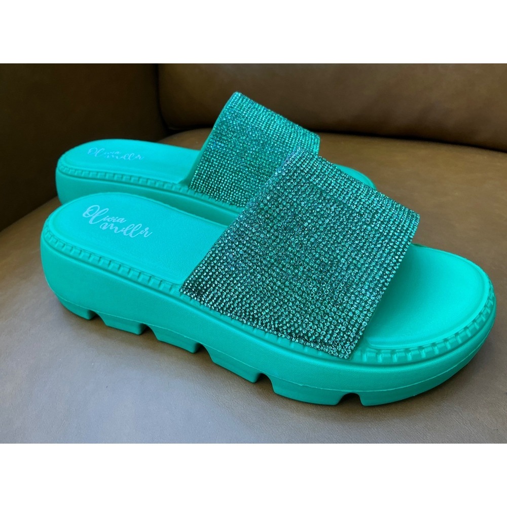Olivia Miller Rhinestone Platform Slide Sandals Womens 8 Green